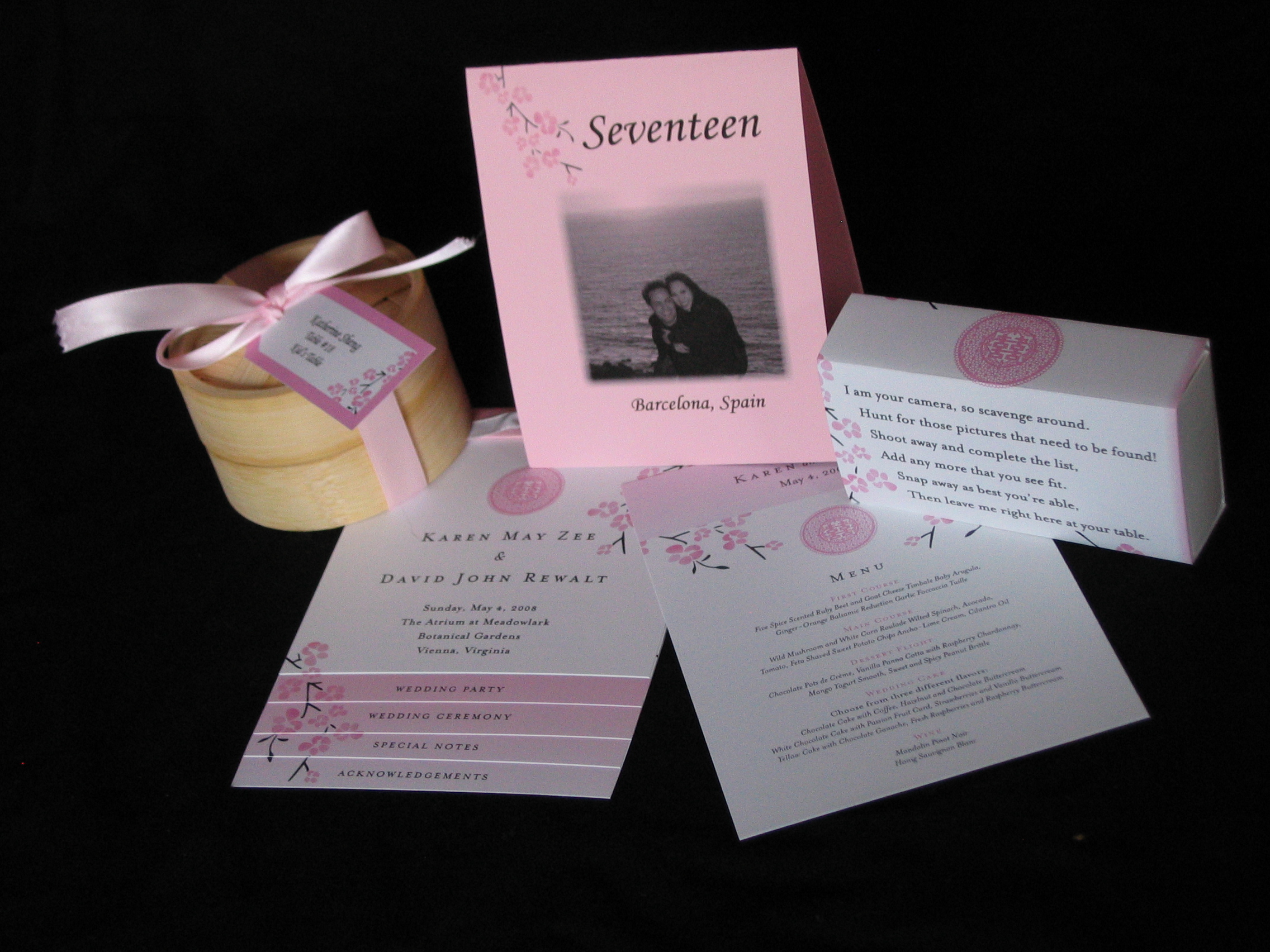 mini bamboo steamers with chocolate covered fortune cookie; pink cherry blossom and double happiness on menu cards, ceremony programs, disposable camera, table marker