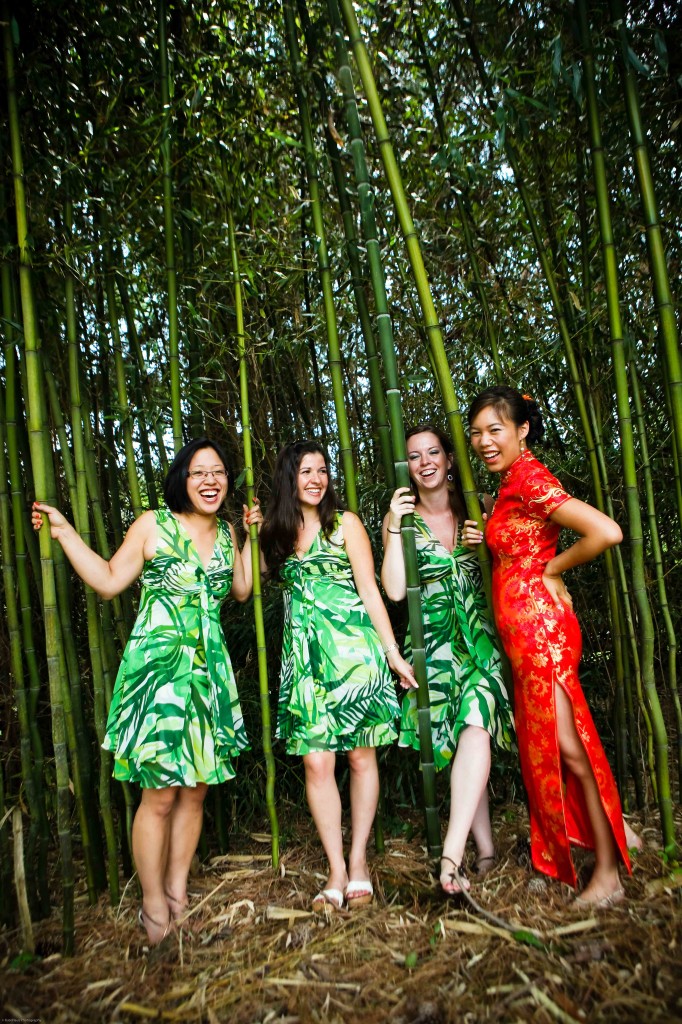 Chinese backyard wedding green bridesmaids dresses bamboo