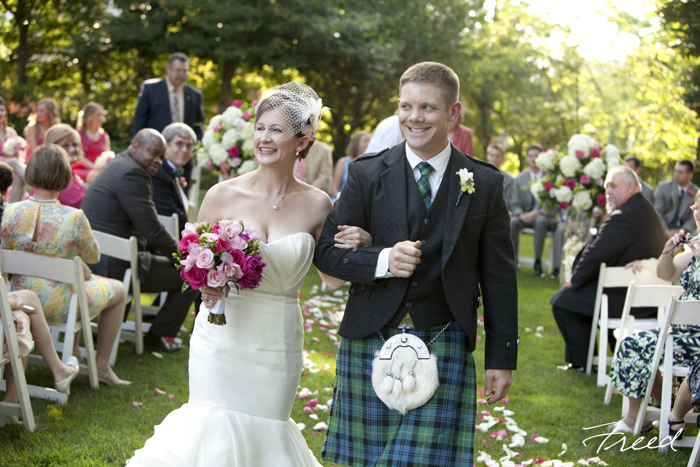 Washington DC Meridian House wedding Scottish kilt groom pink green