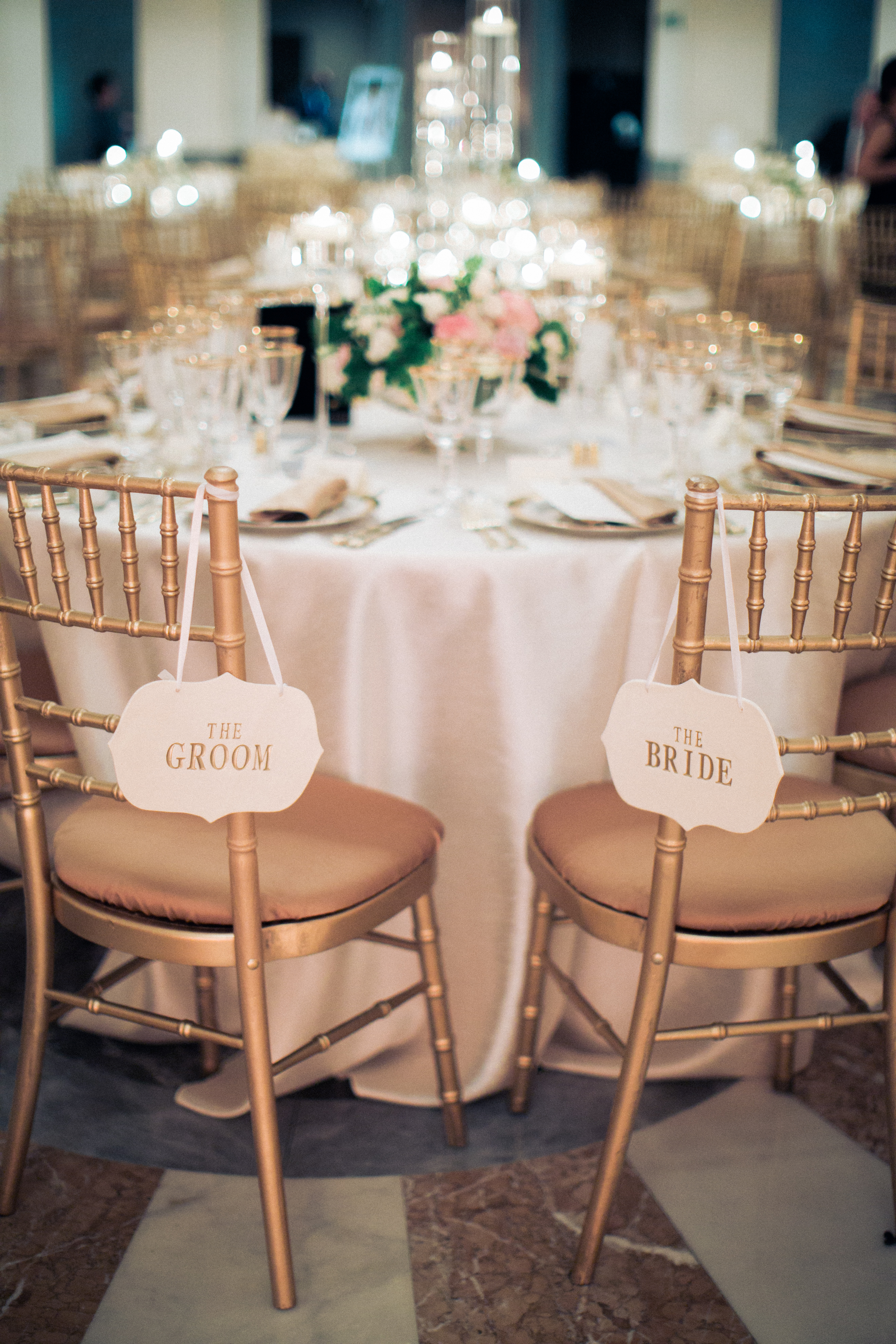 Washington DC womens museum wedding gold bride groom chair signs