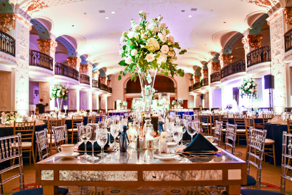 Washington DC Mayflower Hotel wedding antique mirror table clear chivari chairs blue