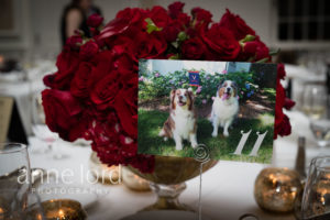 red floral centerpiece low dogs table numbers